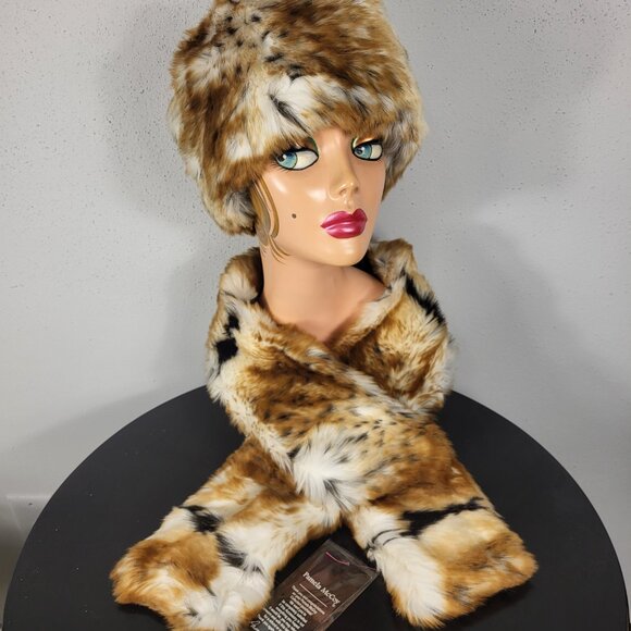 NWT~PAMELA MCCOY~BROWN BLACK FAUX FOX MINK FUR ANIMAL PRINT STOLE SCARF WRAP HAT - Picture 15 of 16